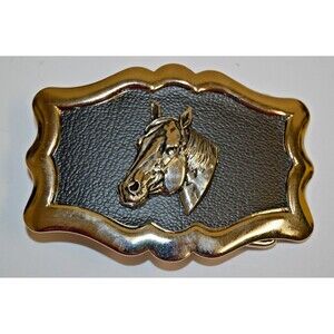 Vintage Chrome & Black Horse Head Equestrian Cowboy Western Metal Belt Buckle NM